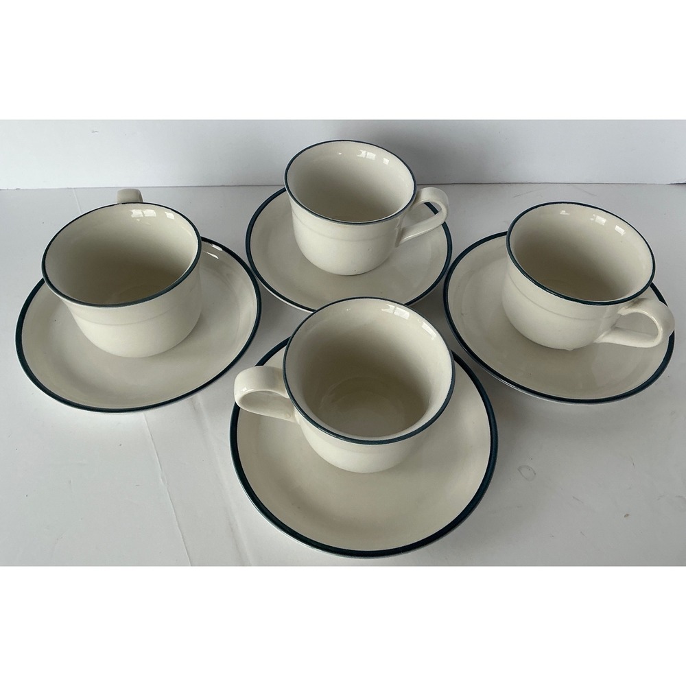 Royal Prestige Stoneware Tea Cup Saucer Set 8pc Cream Blue Rim Japan Vintage‎